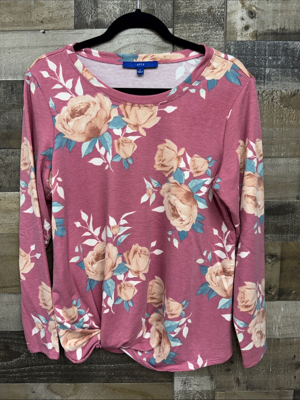 Apt. 9 Mauve Floral Long-Sleeve Twist-Hem Tee Size Large